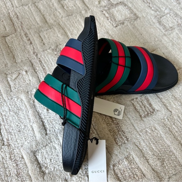 NWT Authentic Gucci Signature Green/Blue/Red Double Web Slippers Men 5 Women 8 - Picture 4 of 7